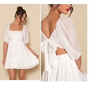 Lulus Ethereal Arrival White Puff Sleeve Tie-Back Chiffon Mini Dress Size Small